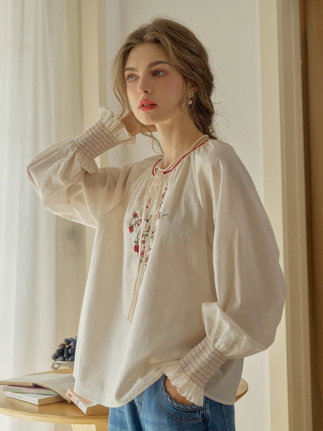 【Final Sale】Chloris Round Neck Rose Embroidered Blouse sold by Simple Retro product image thumbnail 4