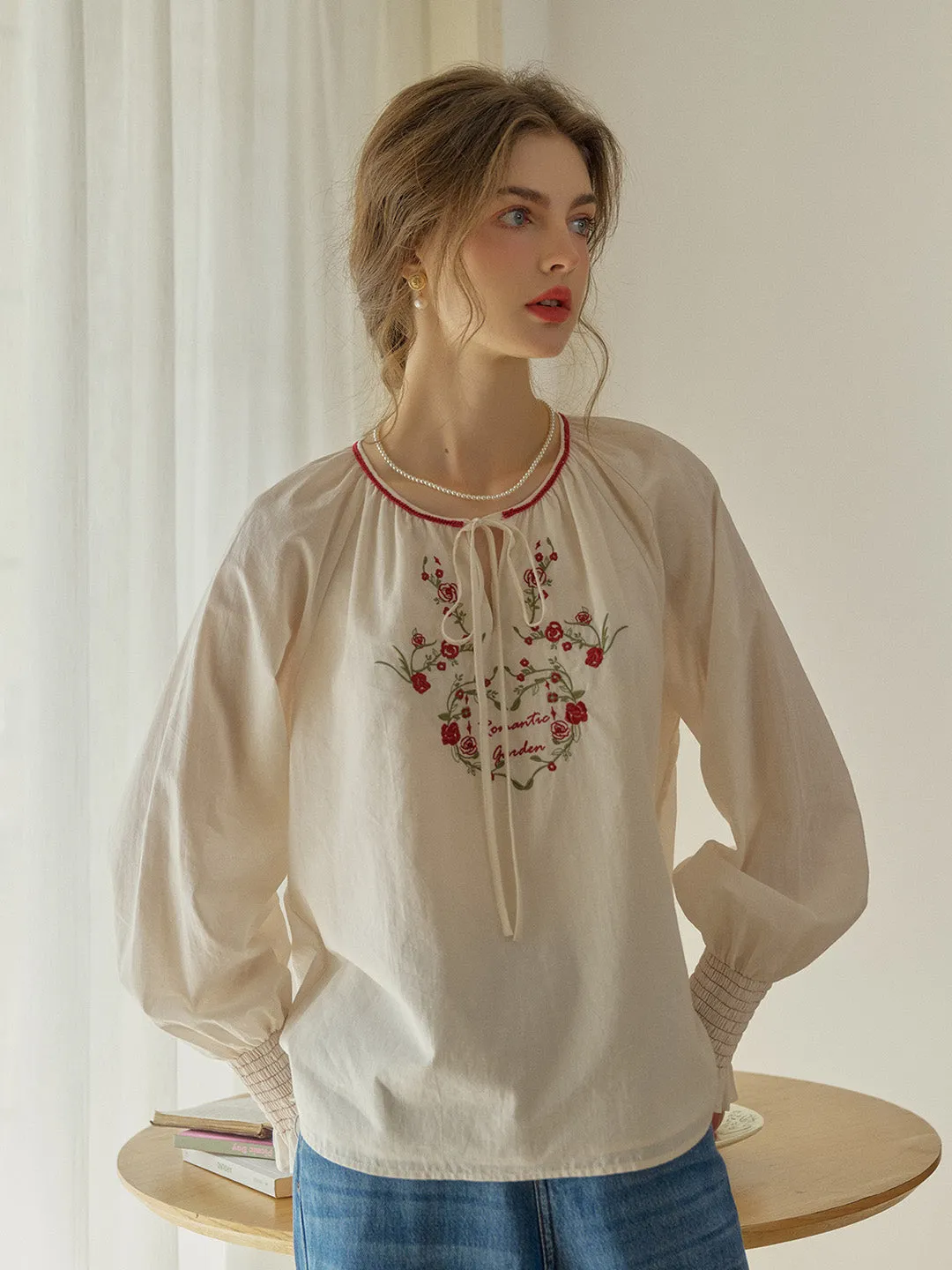 【Final Sale】Chloris Round Neck Rose Embroidered Blouse sold by Simple Retro product image thumbnail 5