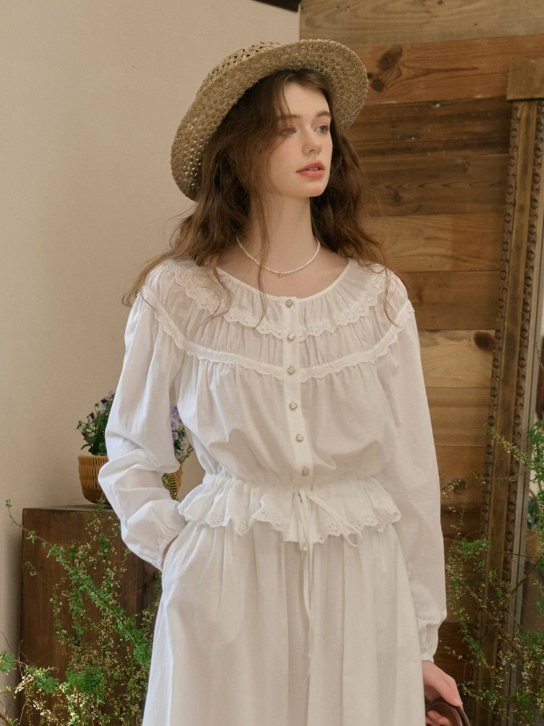 Isabella Round Neck Lace Cotton Blouse sold by Simple Retro product image thumbnail 2