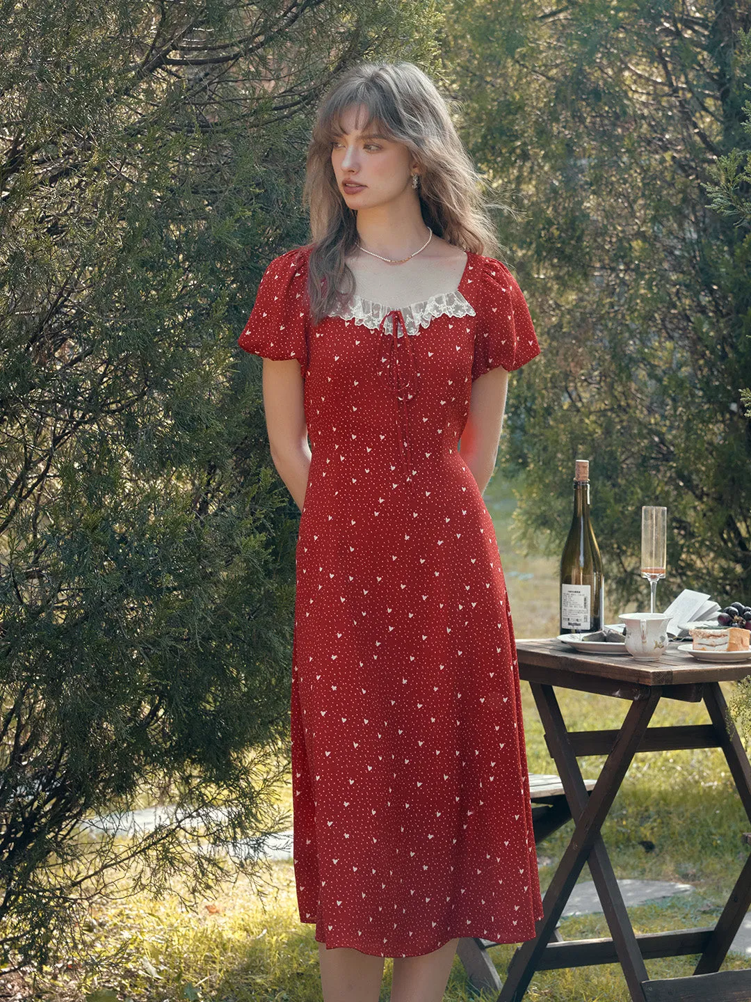 Emma Square Neck Lace Puff Sleeves Dress sold by Simple Retro