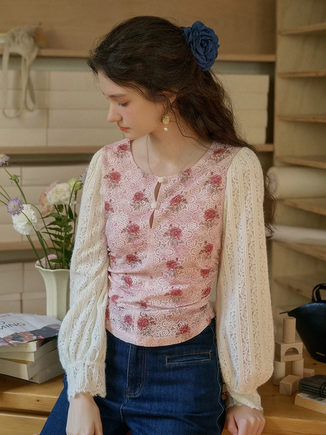 【Final Sale】Maren Round Neck Rose Blouse sold by Simple Retro product image thumbnail 3