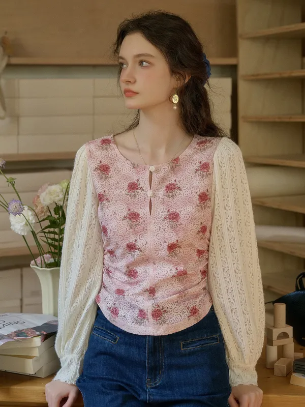 【Final Sale】Maren Round Neck Rose Blouse sold by Simple Retro
