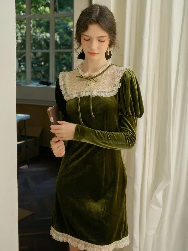 【Final Sale】Abigail Lace Collar Patchwork Knee Length Velvet Dress sold by Simple Retro