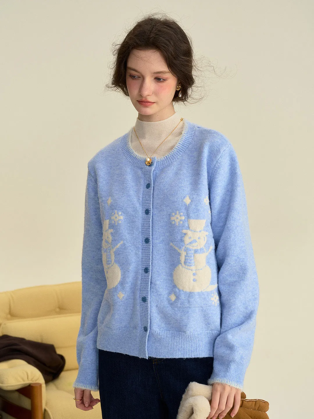 【Final Sale】Amabel Round Neck Snowman Wool Cardigan sold by Simple Retro product image thumbnail 4