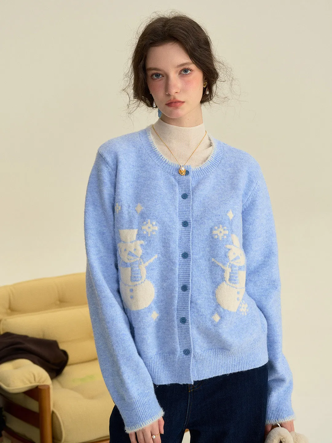 【Final Sale】Amabel Round Neck Snowman Wool Cardigan sold by Simple Retro product image thumbnail 5