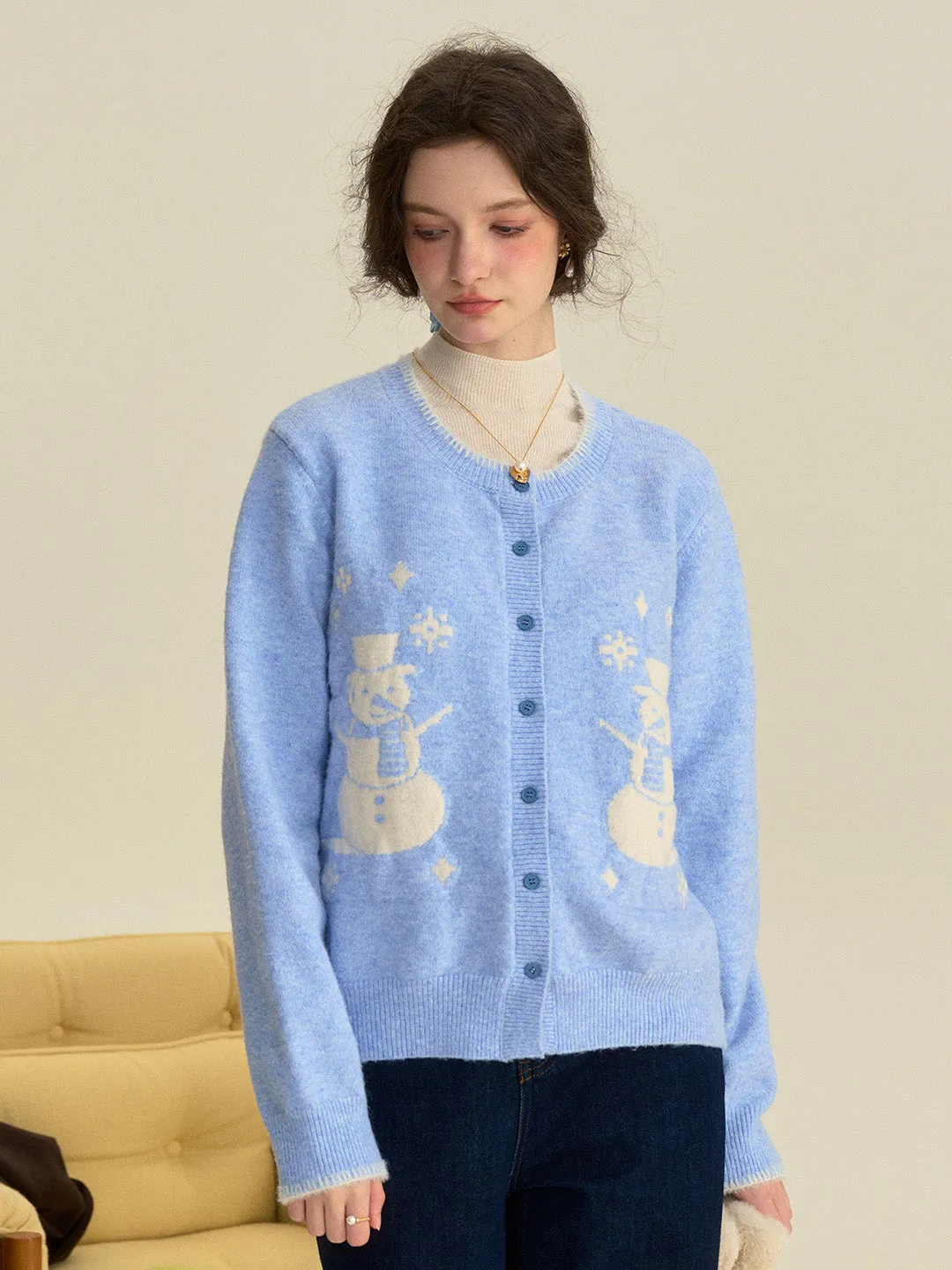 【Final Sale】Amabel Round Neck Snowman Wool Cardigan sold by Simple Retro