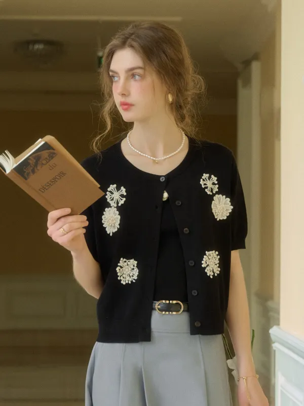 【Final Sale】Yuna Round Neck Embroidery Cardigan sold by Simple Retro
