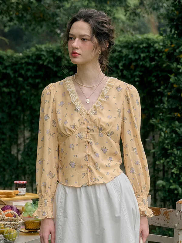 【Final Sale】Laurel V-Neck Floral Blouse - Yellow sold by Simple Retro