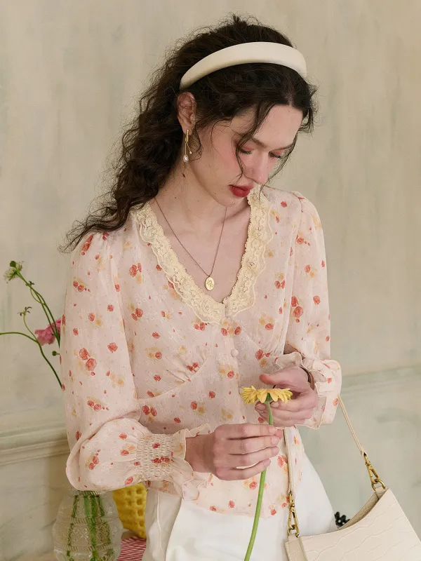 【Final Sale】Laurel V-Neck Floral Blouse - Orange sold by Simple Retro