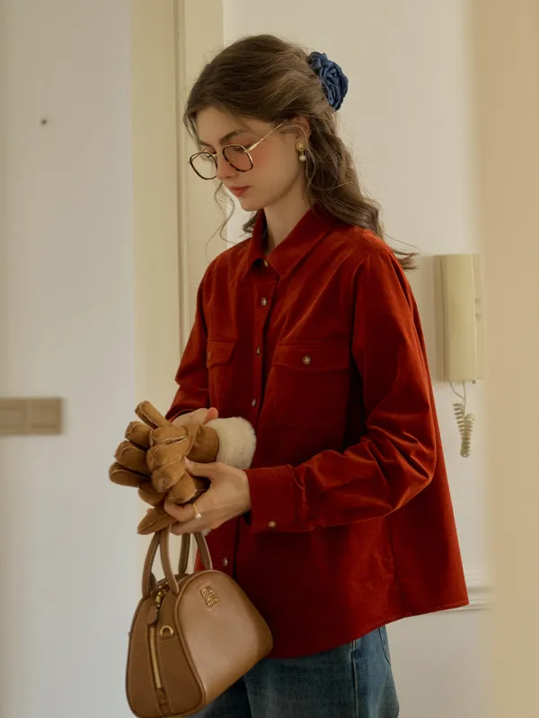 Anais Classic Notched Collar Pocket Corduroy Shirt - Red sold by Simple Retro