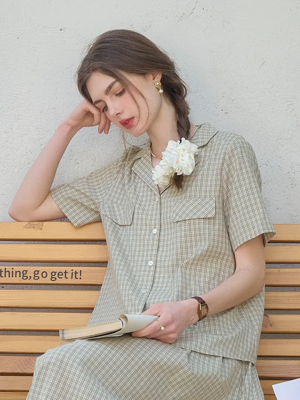 Monica V-Neck Lapel Plaid Cotton Blouse sold by Simple Retro