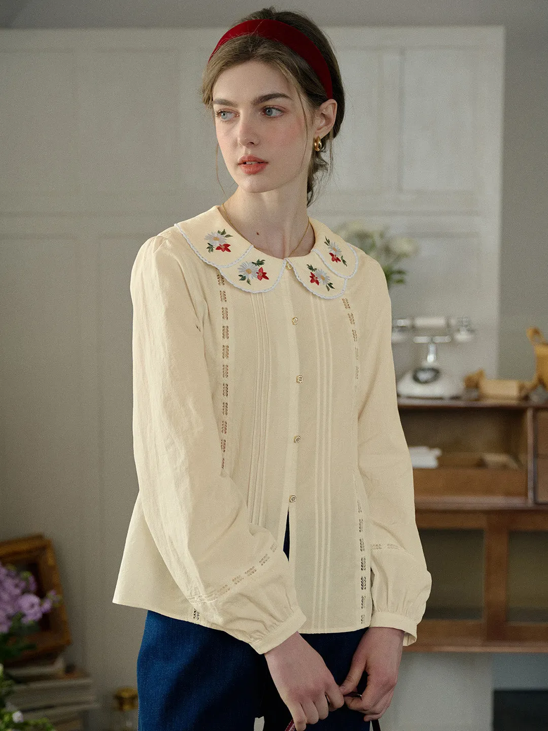【Final Sale】Gracelyn Peter Pan Collar Embroidery Blouse - Apricot sold by Simple Retro product image thumbnail 2