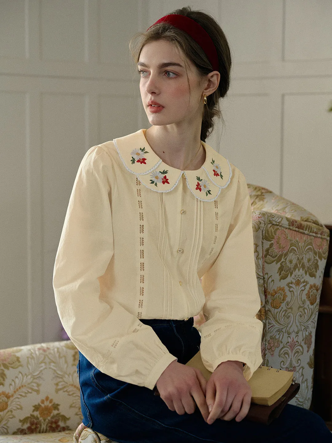 【Final Sale】Gracelyn Peter Pan Collar Embroidery Blouse - Apricot sold by Simple Retro product image thumbnail 4