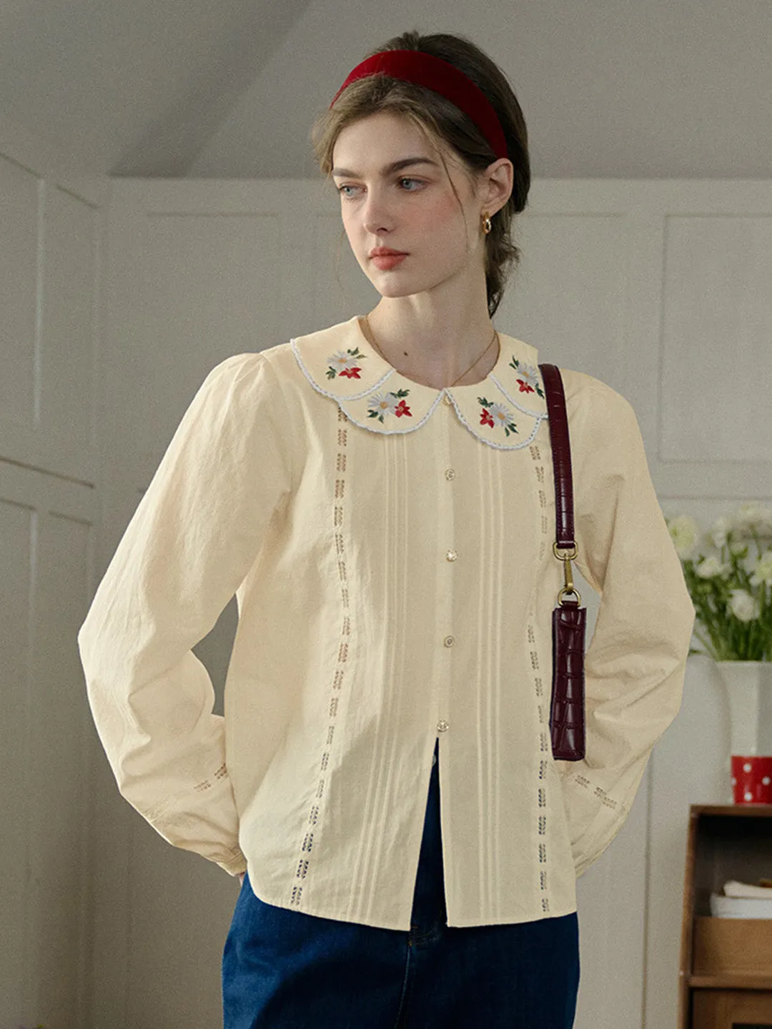【Final Sale】Gracelyn Peter Pan Collar Embroidery Blouse - Apricot sold by Simple Retro product image thumbnail 5