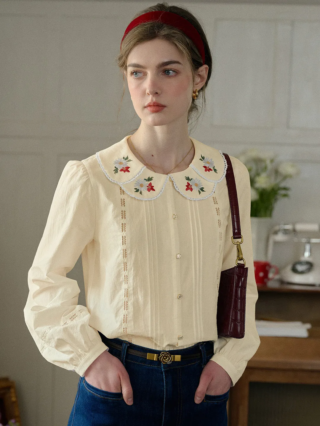 【Final Sale】Gracelyn Peter Pan Collar Embroidery Blouse - Apricot sold by Simple Retro product image thumbnail 3