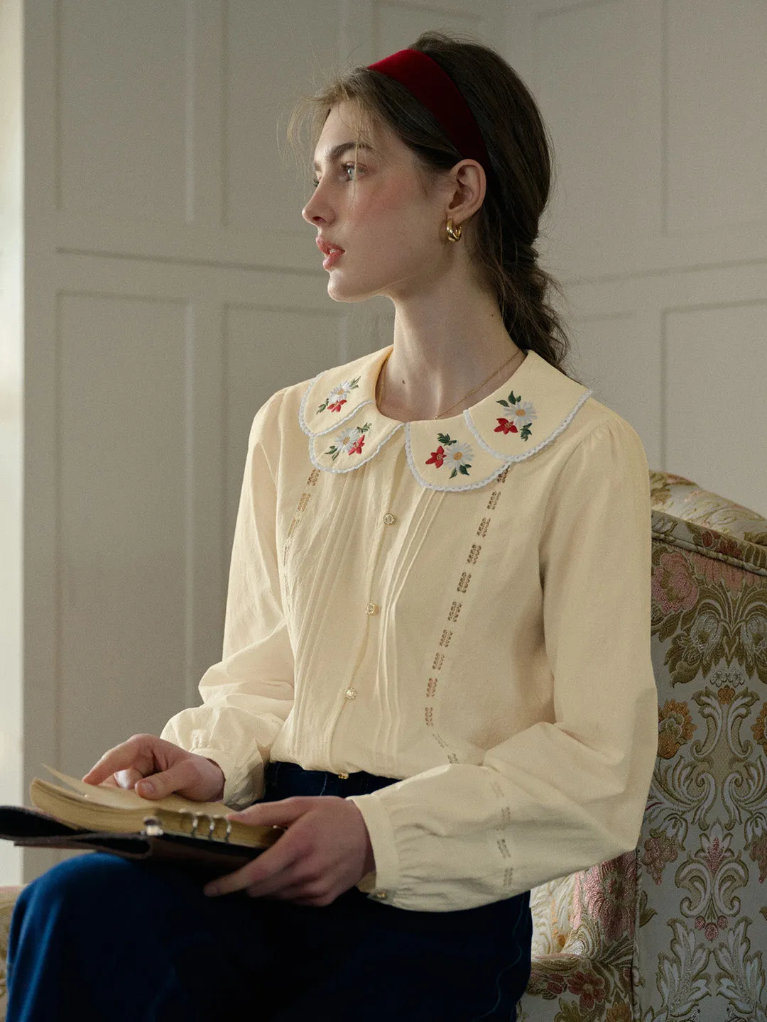 【Final Sale】Gracelyn Peter Pan Collar Embroidery Blouse - Apricot sold by Simple Retro