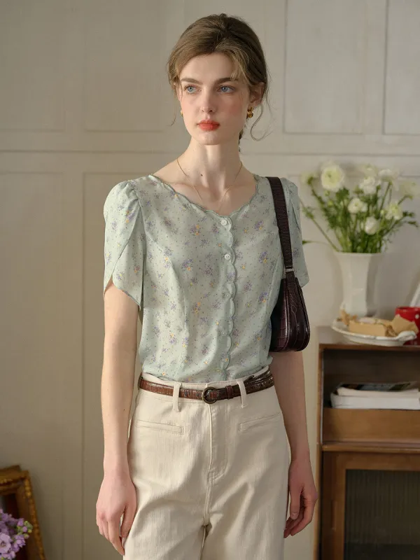 【Final Sale】Navy Wave Collar Floral Blouse sold by Simple Retro