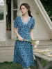 【Final Sale】Stormi Charming V-neck Lace Trimmed Floral Print Dress - Blue sold by Simple Retro