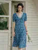 【Final Sale】Stormi Charming V-neck Lace Trimmed Floral Print Dress - Blue sold by Simple Retro