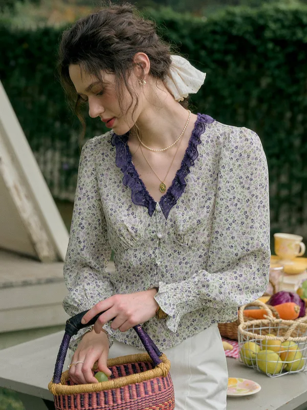【Final Sale】Laurel V-Neck Floral Blouse - Purple sold by Simple Retro