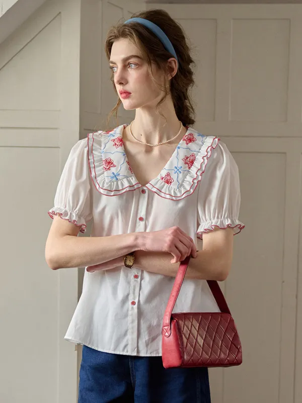 【Final Sale】Alessandra Peter Pan Collar Embroidery Blouse sold by Simple Retro