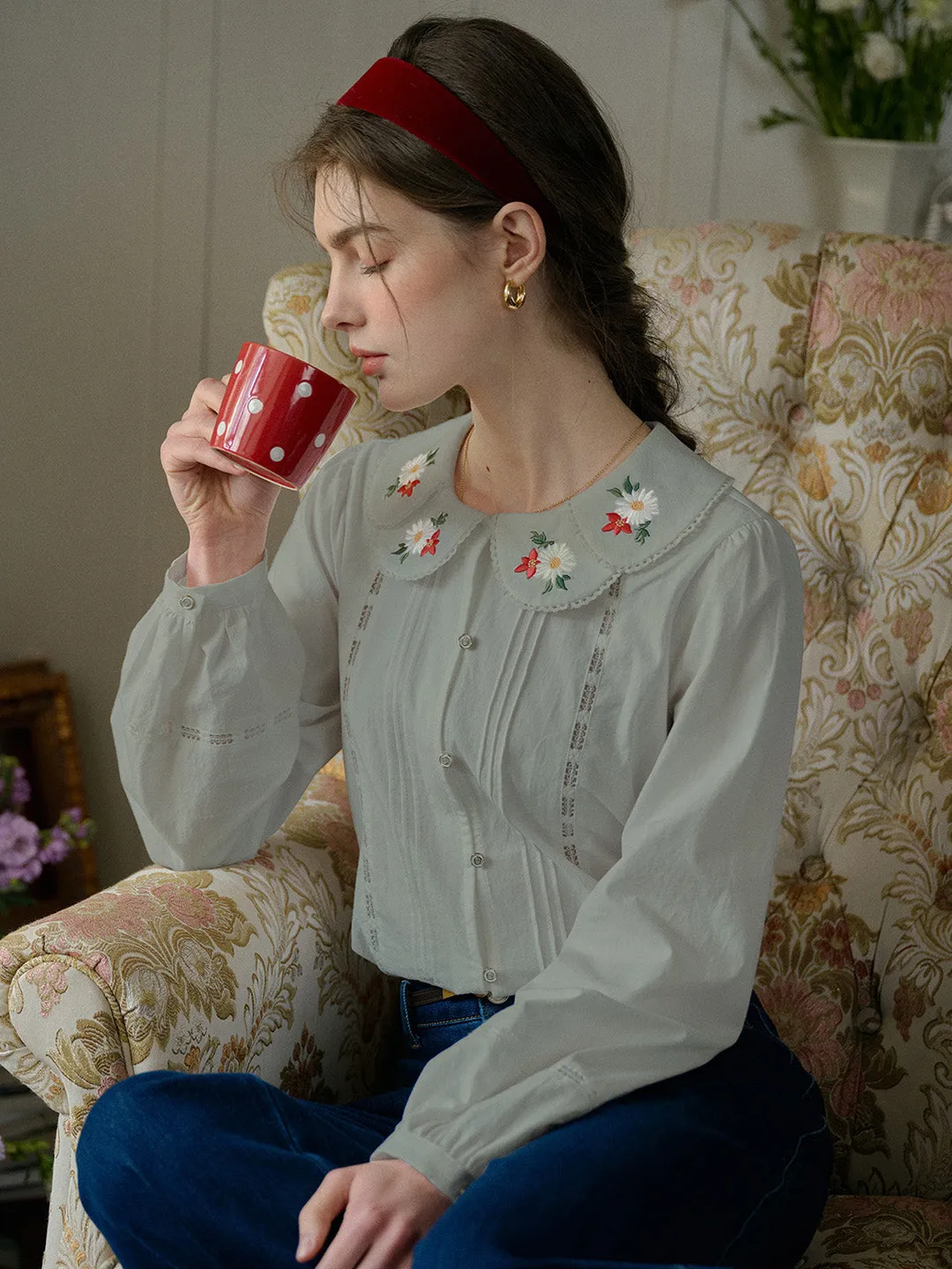 【Final Sale】Gracelyn Peter Pan Collar Embroidery Blouse - Gray sold by Simple Retro product image thumbnail 3