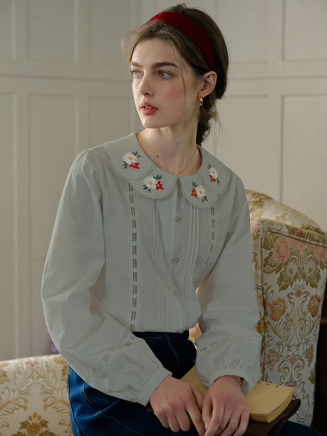 【Final Sale】Gracelyn Peter Pan Collar Embroidery Blouse - Gray sold by Simple Retro product image thumbnail 4