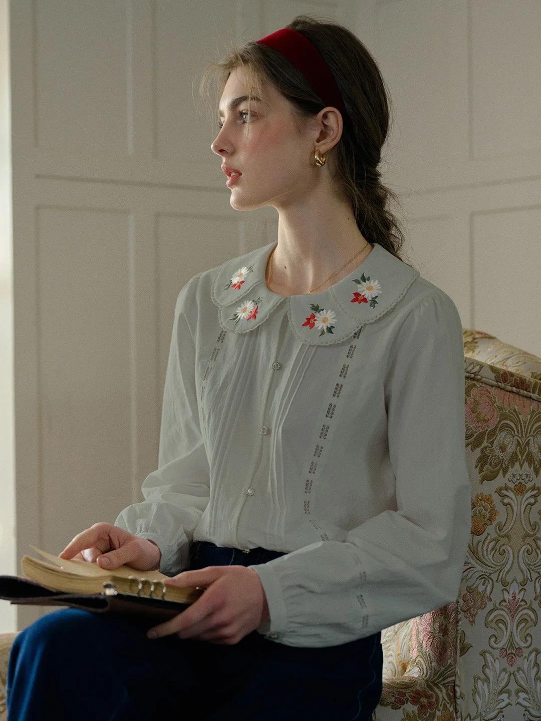 【Final Sale】Gracelyn Peter Pan Collar Embroidery Blouse - Gray sold by Simple Retro product image thumbnail 5