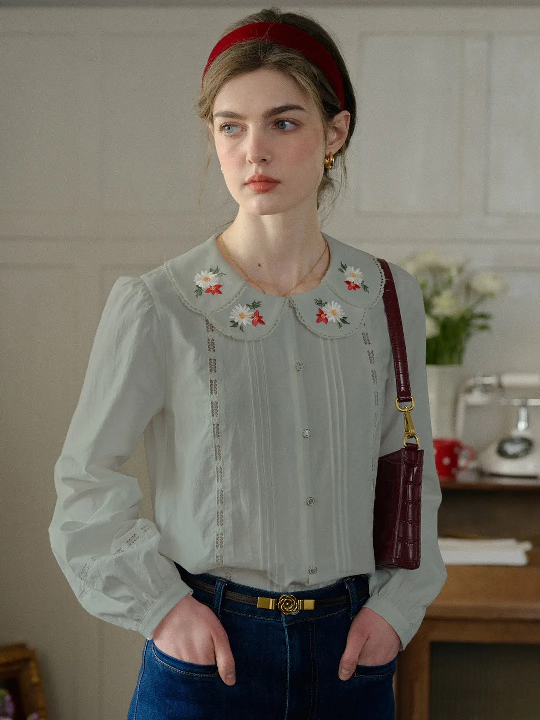 【Final Sale】Gracelyn Peter Pan Collar Embroidery Blouse - Gray sold by Simple Retro product image thumbnail 2