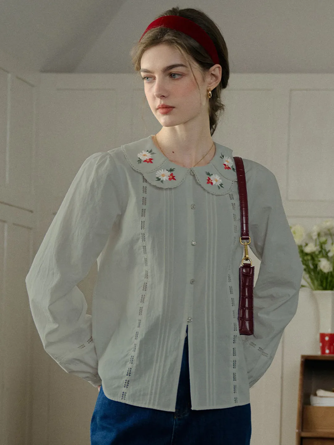 【Final Sale】Gracelyn Peter Pan Collar Embroidery Blouse - Gray sold by Simple Retro