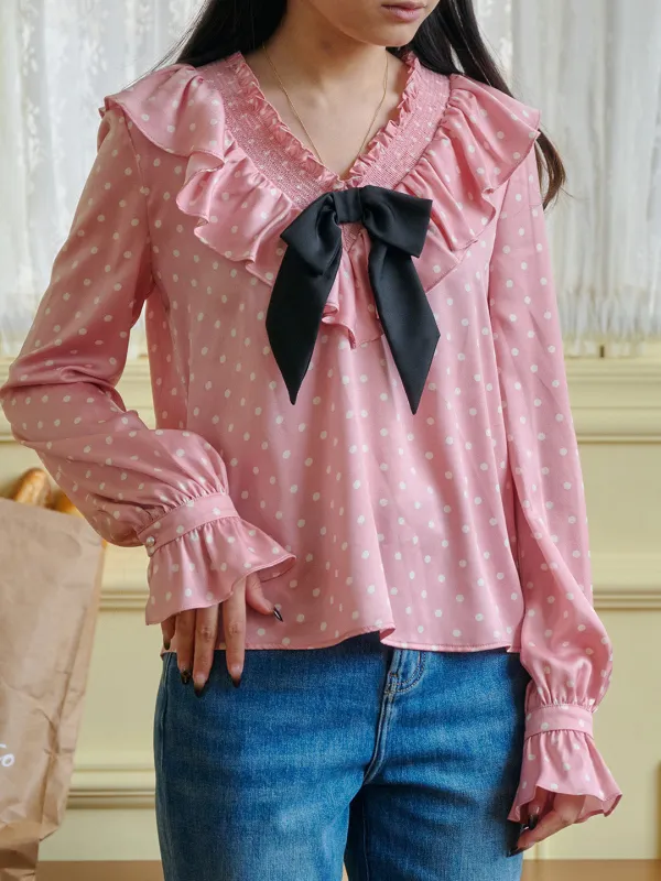 【Final Sale】Nadia V-Neck Dot Bow Blouse sold by Simple Retro