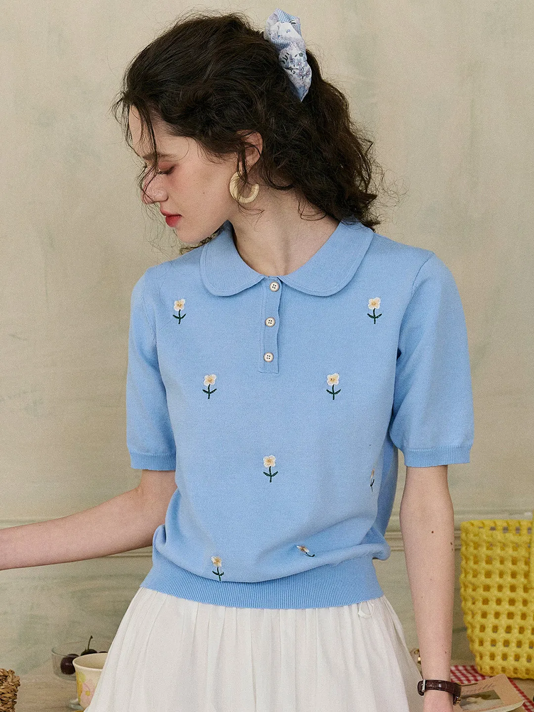 【Final Sale】Ellianna Peter Pan Collar Embroidery Blouse sold by Simple Retro product image thumbnail 5