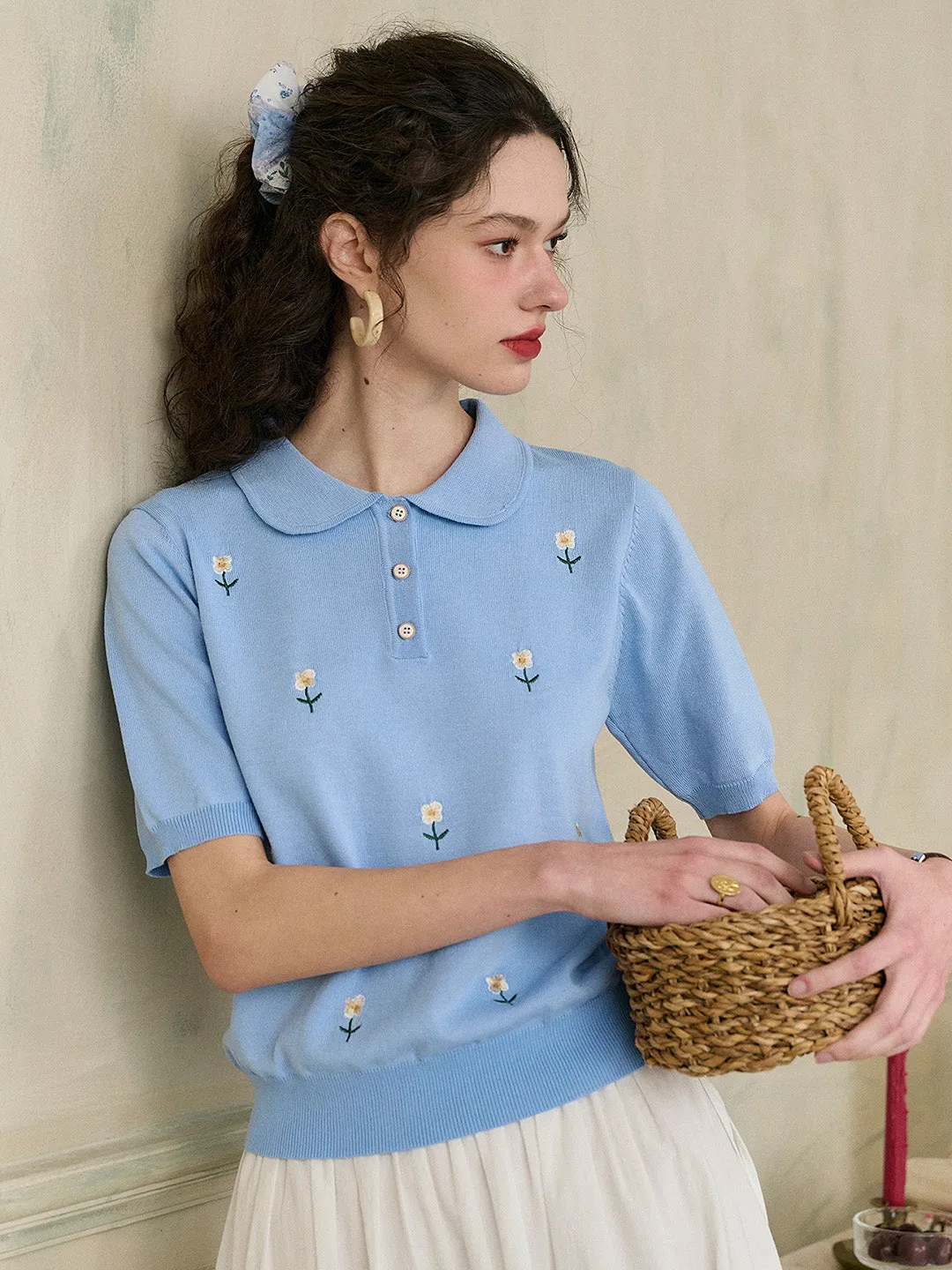 【Final Sale】Ellianna Peter Pan Collar Embroidery Blouse sold by Simple Retro