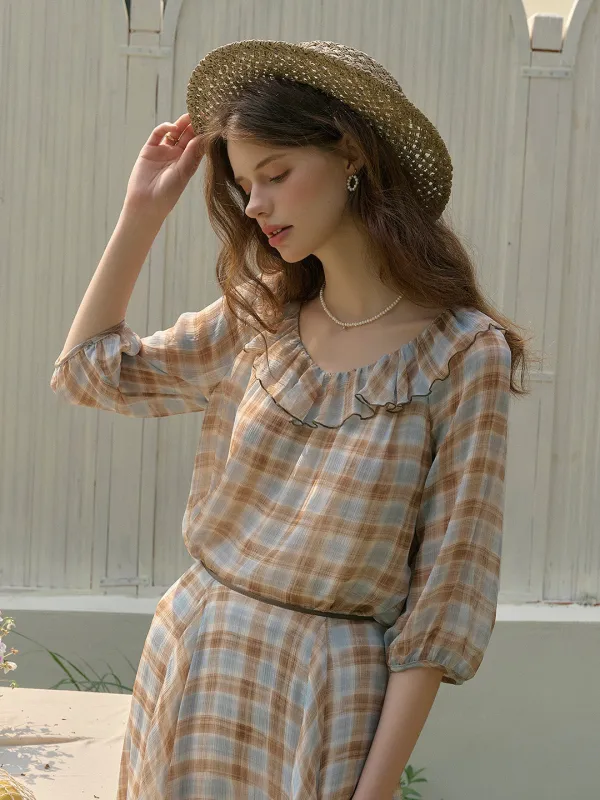 Melanie Ruffle Neck Plaid Blouse sold by Simple Retro