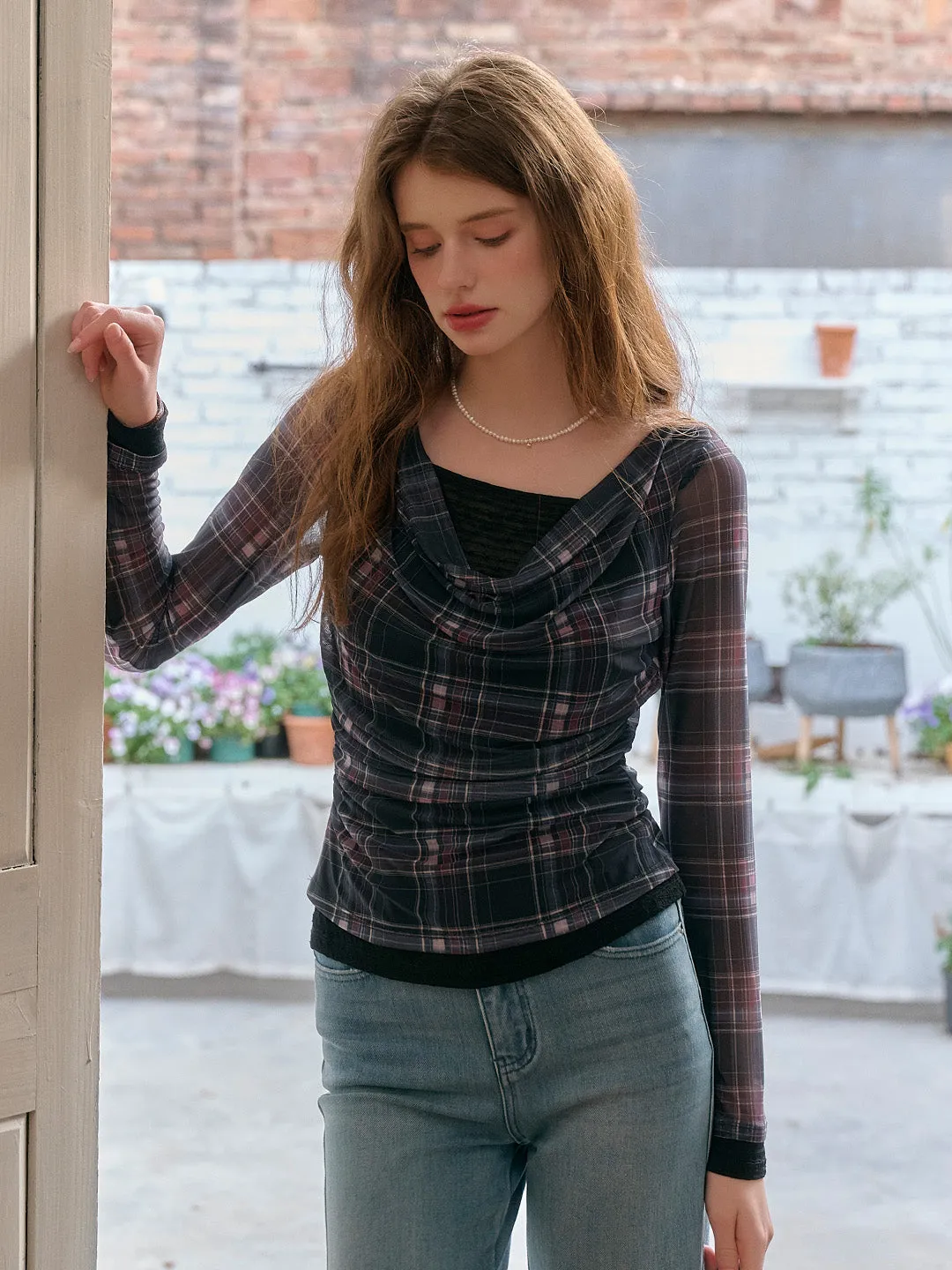 Samara Cowl Neck Plaid Blouse sold by Simple Retro product image thumbnail 3