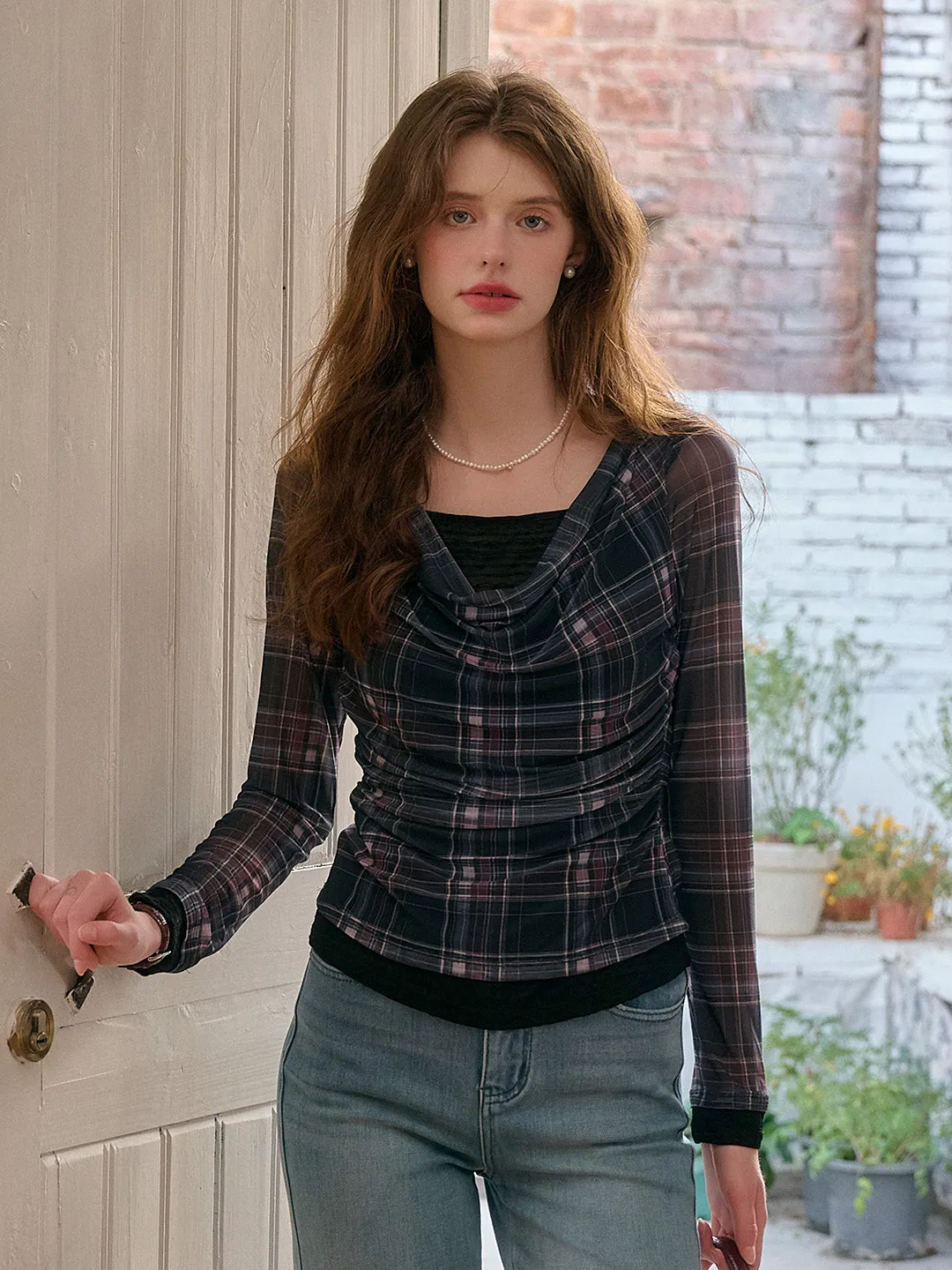 Samara Cowl Neck Plaid Blouse sold by Simple Retro product image thumbnail 4