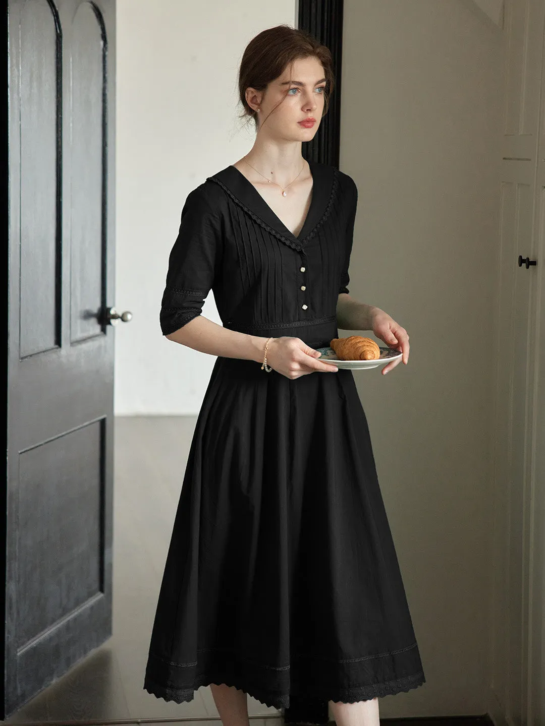 Fiona 100% Cotton Black Midi Dress sold by Simple Retro product image thumbnail 5