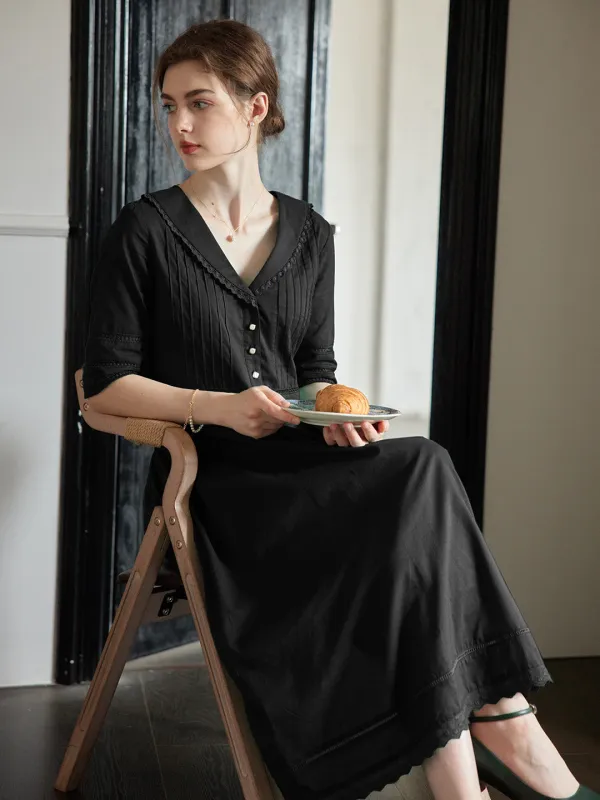 Fiona 100% Cotton Black Midi Dress sold by Simple Retro