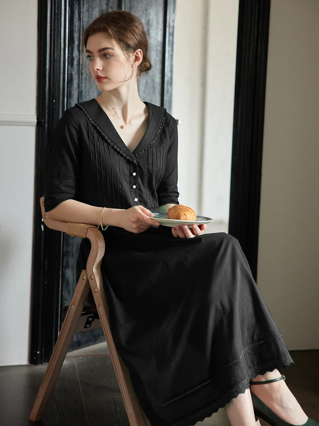 Fiona 100% Cotton Black Midi Dress sold by Simple Retro