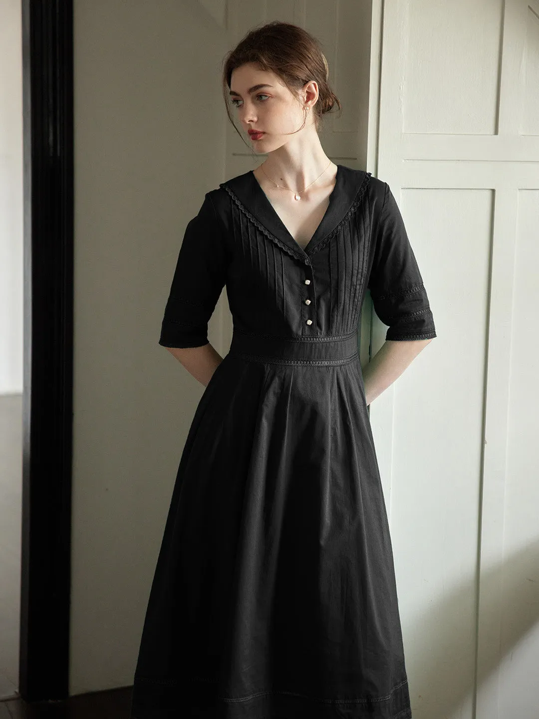Fiona 100% Cotton Black Midi Dress sold by Simple Retro product image thumbnail 4
