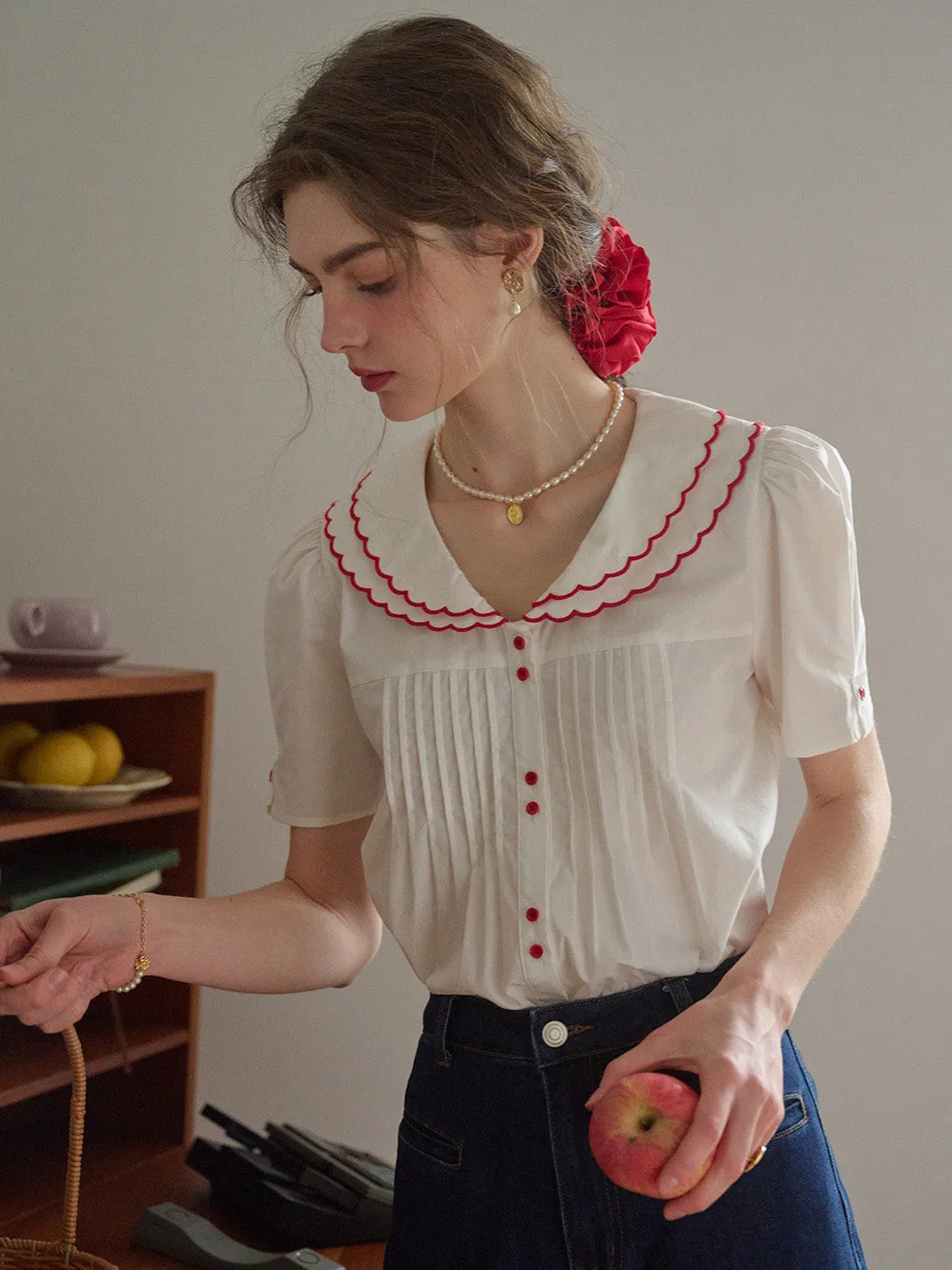 【Final Sale】Hadley V-Neck Wavy Blouse - White sold by Simple Retro product image thumbnail 5