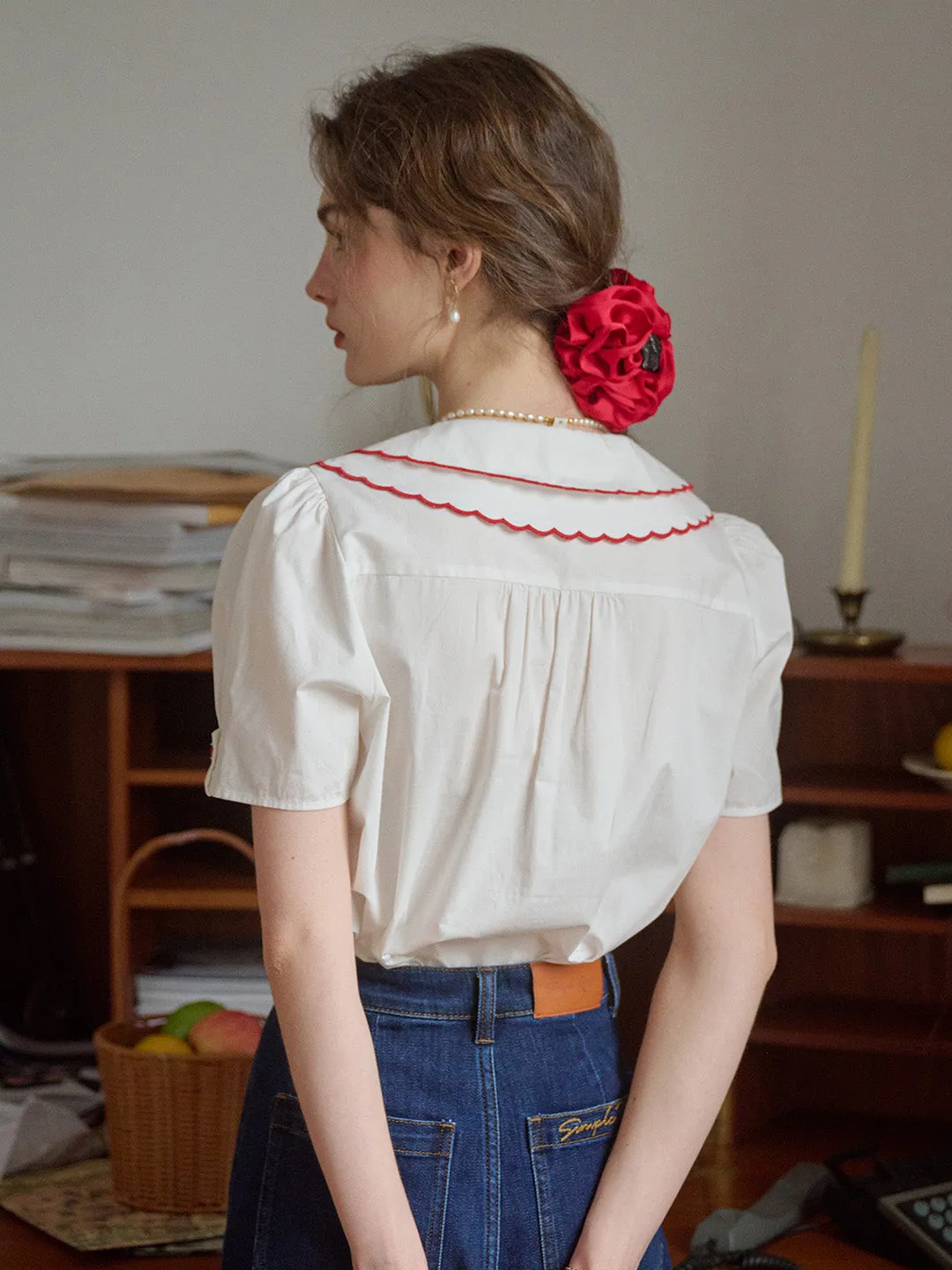 【Final Sale】Hadley V-Neck Wavy Blouse - White sold by Simple Retro product image thumbnail 3