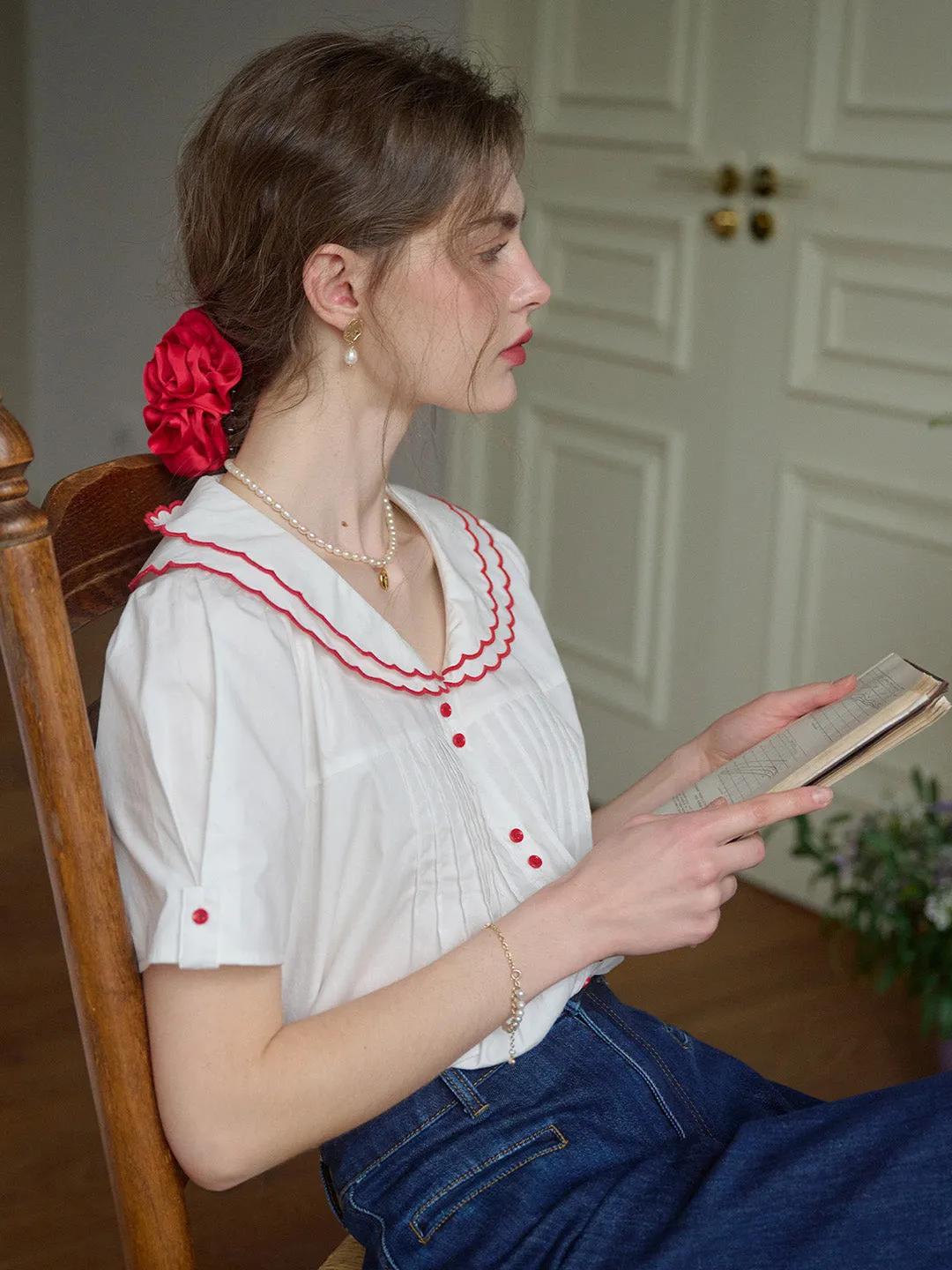 【Final Sale】Hadley V-Neck Wavy Blouse - White sold by Simple Retro product image thumbnail 4