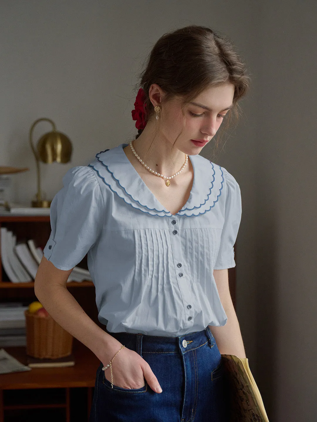 【Final Sale】Hadley V-Neck Wavy Blouse - White sold by Simple Retro product image thumbnail 2