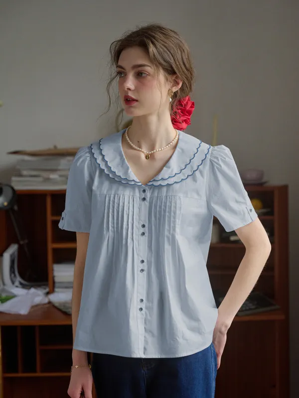 【Final Sale】Hadley V-Neck Wavy Blouse - Light Blue sold by Simple Retro