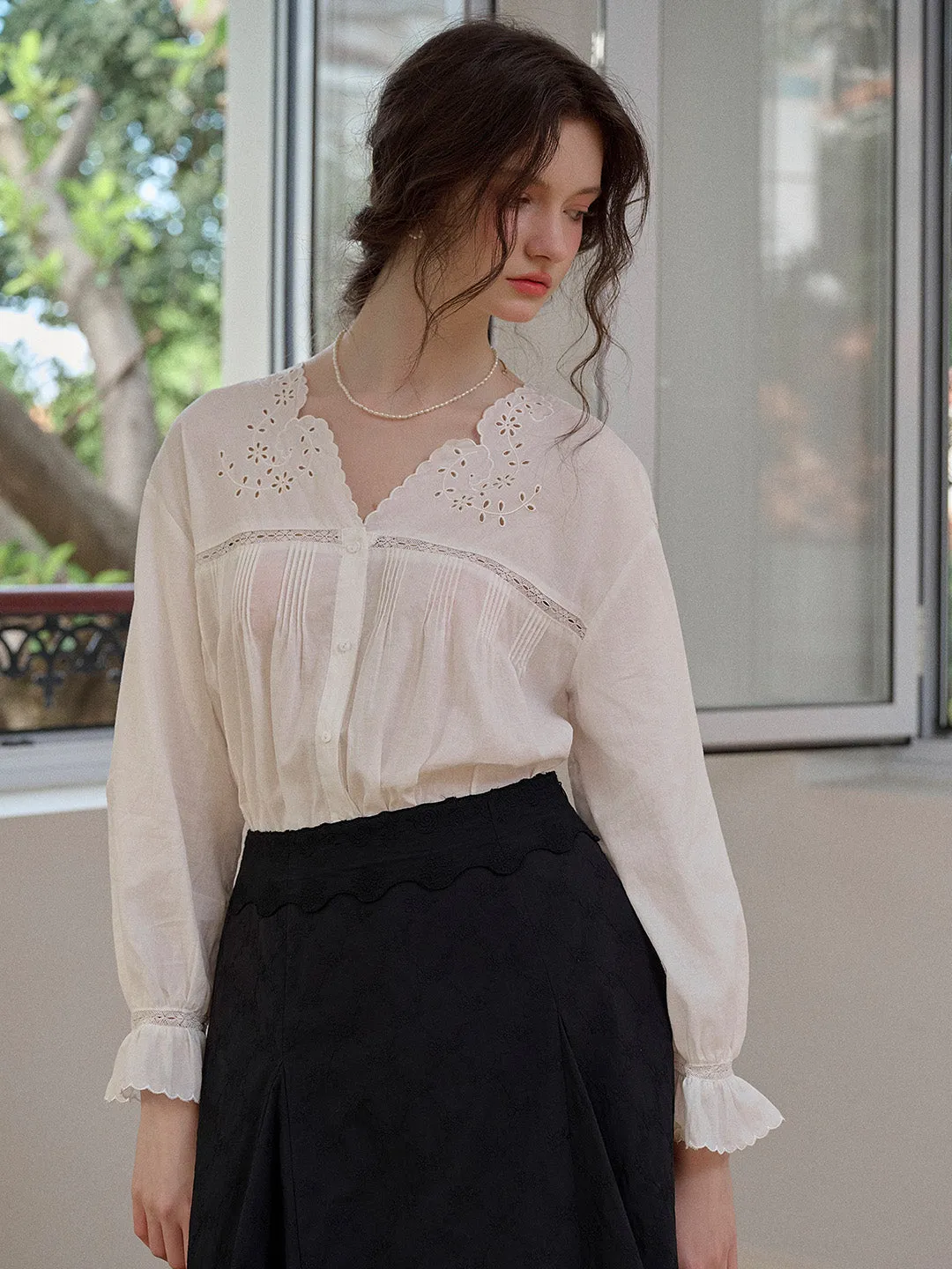 Anya V-Neck Embroidery Blouse sold by Simple Retro product image thumbnail 3