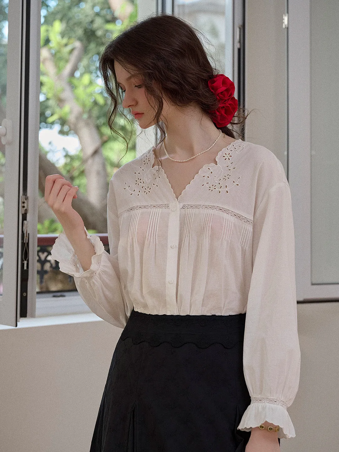 Anya V-Neck Embroidery Blouse sold by Simple Retro