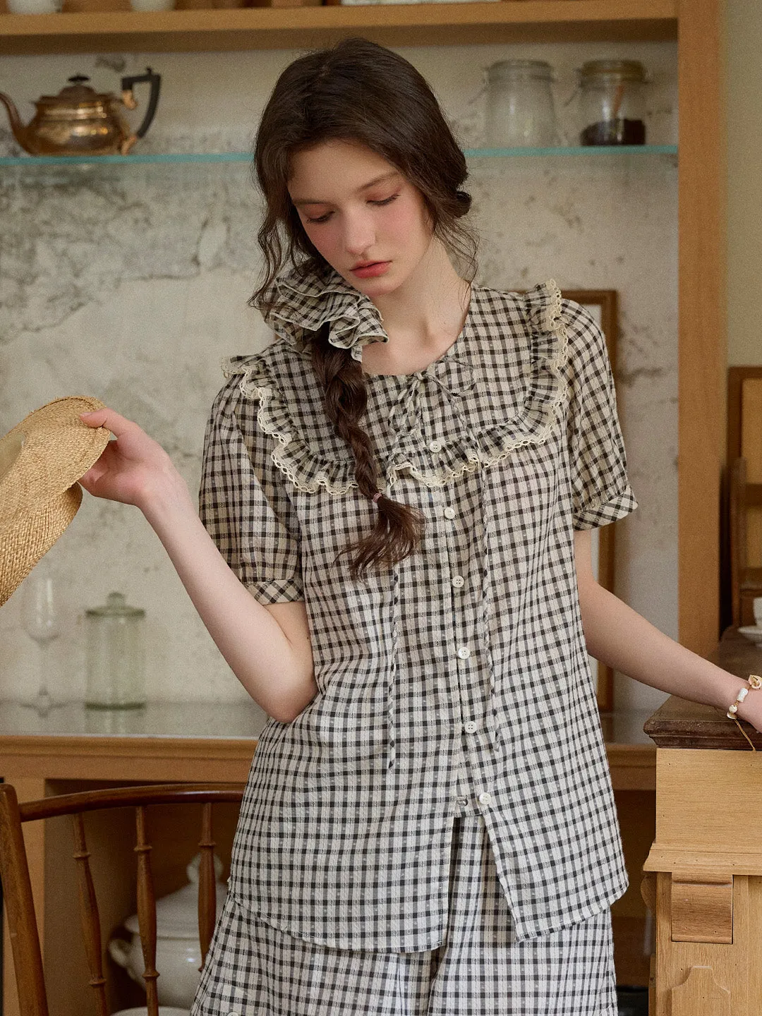 【Final Sale】Josephine Round Neck Plaid 100% Cotton Blouse sold by Simple Retro