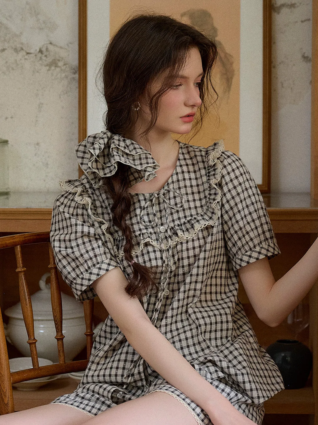 【Final Sale】Josephine Round Neck Plaid 100% Cotton Blouse sold by Simple Retro product image thumbnail 5