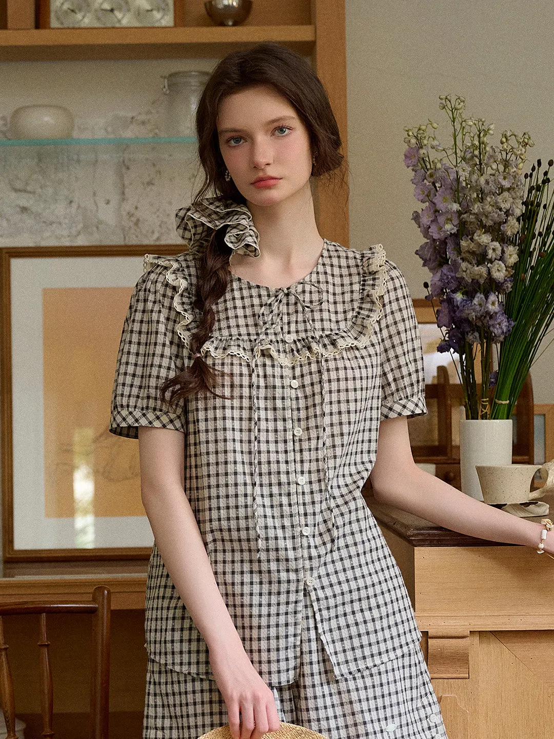 【Final Sale】Josephine Round Neck Plaid 100% Cotton Blouse sold by Simple Retro product image thumbnail 4